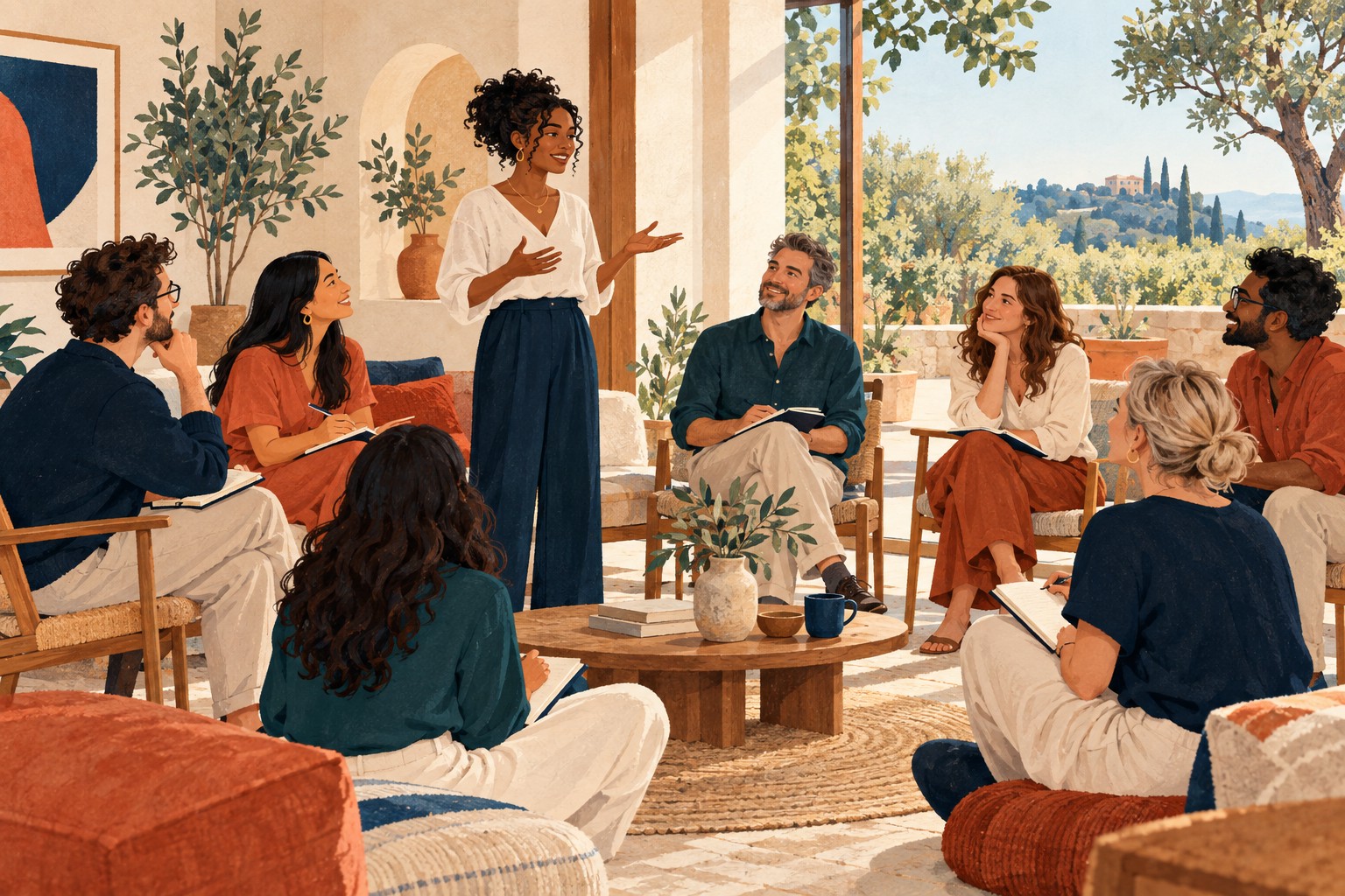Illustration of community hosts practicing and sharing ideas together at a retreat