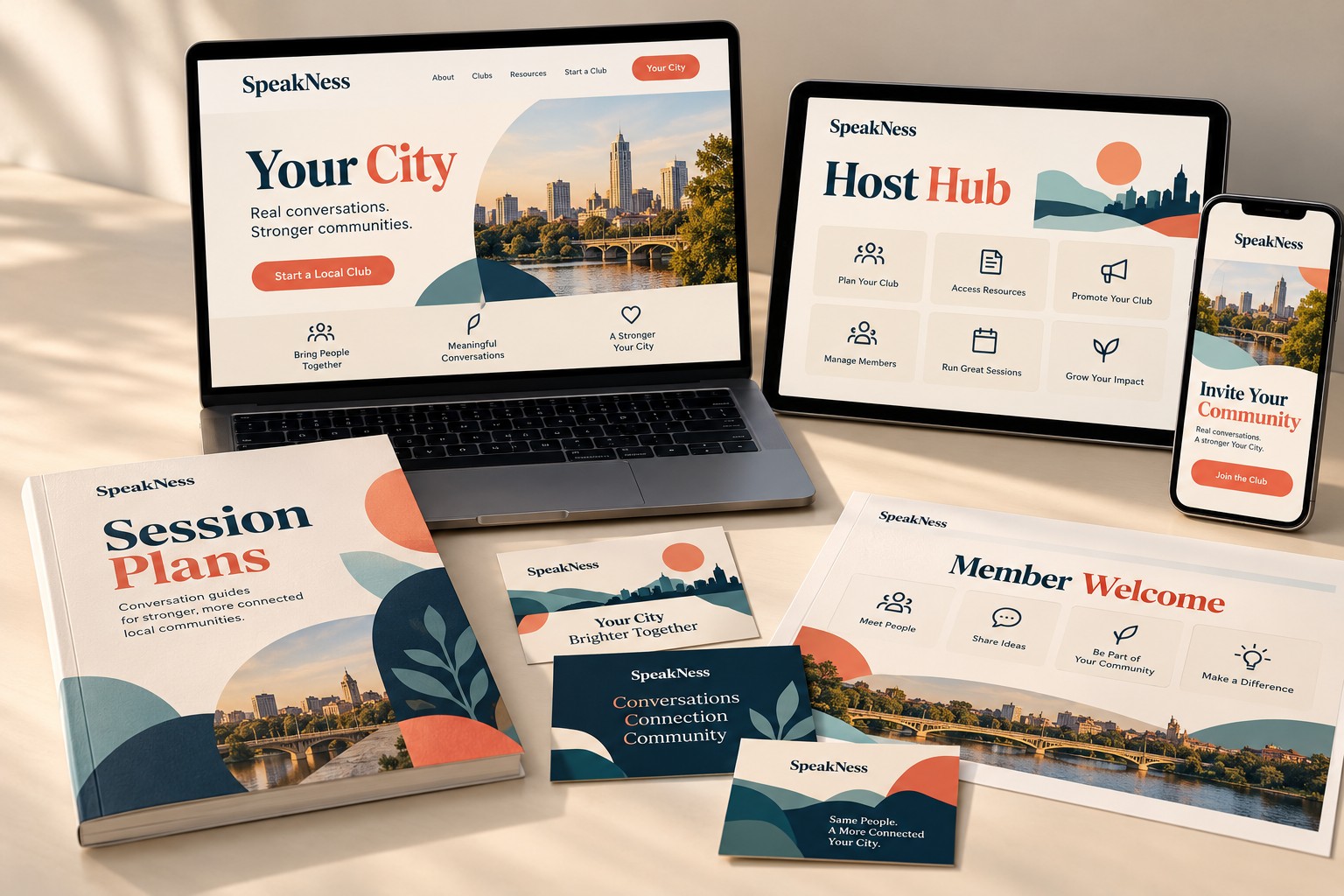Illustrative SpeakNess toolkit with a local club website, Host Hub, member welcome, session plans and invitation materials